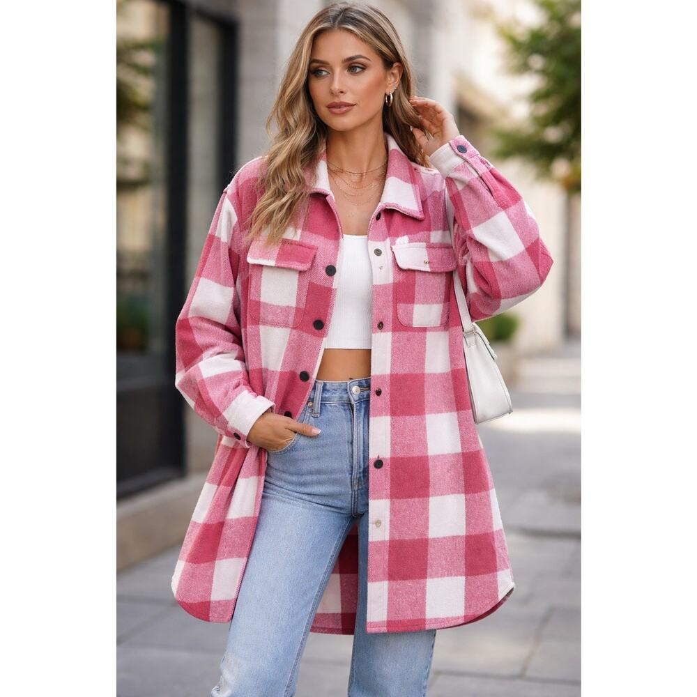 Pink White Plaid Check Buffalo Print Flannel Midi Button Long Shacket Jacket XL - Picture 1 of 11